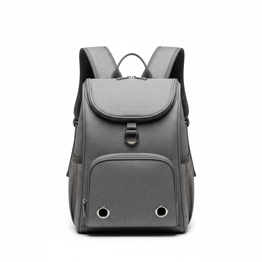 도시적인 감성의 미니멀한 그레이 컬러 반려동물 전용 백팩의 스튜디오 정면 샷. 통풍을 위한 측면 메쉬 소재와 인체공학적 패딩 어깨끈이 강조되어 있으며 깨끗한 화이트 배경에 고급스러운 질감이 돋보이는 고해상도 이미지.