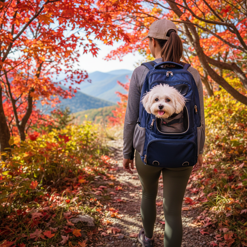 단풍이 든 산길을 하이킹하는 여성이 네이비 컬러의 튼튼한 반려동물 백팩을 메고 있는 뒷모습. 백팩 안에는 하얀색 말티즈가 얼굴을 내밀고 산책을 즐기고 있으며 자연광 아래서 활기차고 모험적인 분위기를 연출함.