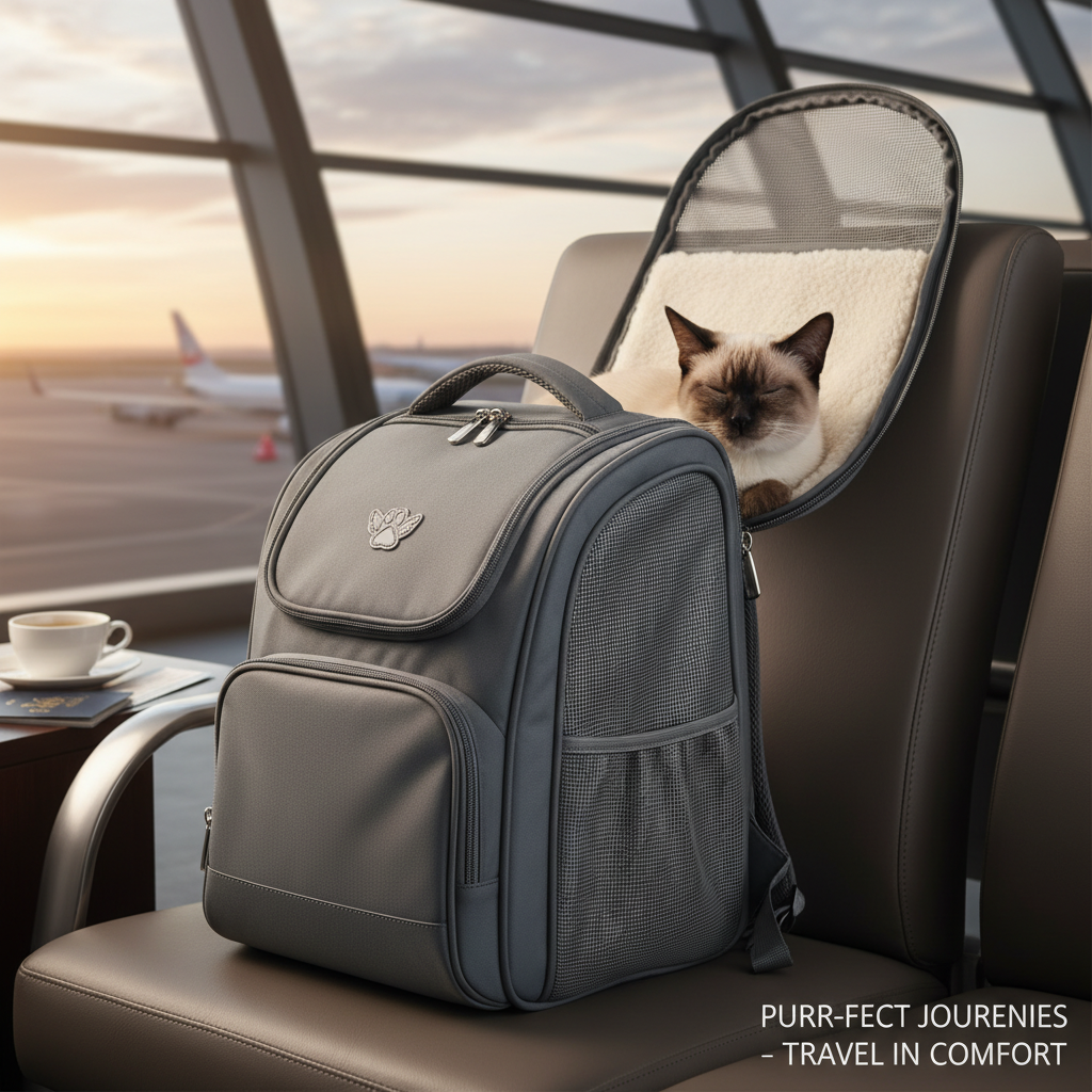 공항 대기실 의자 위에 놓인 여행용 반려동물 백팩. 항공사 규정에 맞춘 컴팩트한 사이즈와 확장 가능한 뒷부분이 펼쳐진 상태로 내부의 부드러운 양털 매트가 보이며 차분하고 편안한 여행의 느낌을 담은 전문적인 사진.