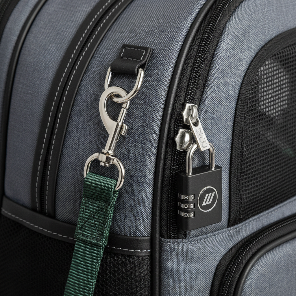 반려동물 백팩의 내부 안전 고리와 잠금 장치가 달린 지퍼 부분을 클로즈업한 상세 묘사 사진. 견고한 박음질과 고품질의 방수 원단 소재가 선명하게 드러나며 제품의 안전성과 내구성을 강조함.