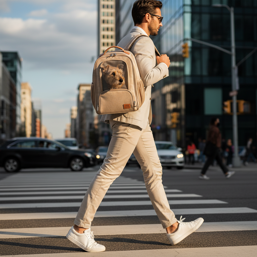 세련된 베이지색 반려동물 백팩을 메고 도심의 횡단보도를 건너는 남성의 역동적인 모습. 백팩 옆면의 메쉬 창을 통해 작은 테리어 강아지가 밖을 보고 있으며 세련된 도시 라이프스타일을 반영한 고화질 스냅샷.