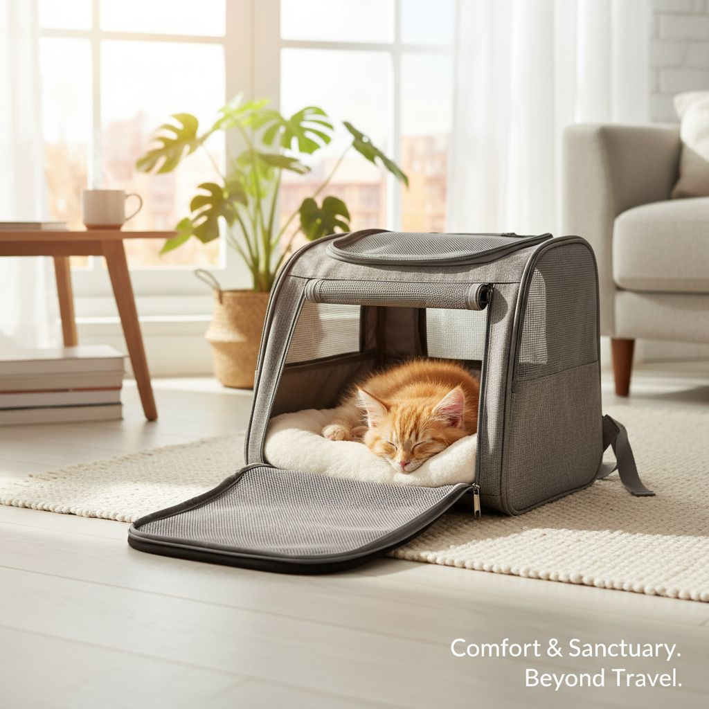 거실 한쪽 햇살이 잘 드는 곳에 놓인 확장형 반려동물 백팩 안에서 아기 고양이가 낮잠을 자고 있는 아늑한 모습. 백팩이 단순한 이동수단을 넘어 반려동물의 편안한 안식처가 될 수 있음을 보여주는 감성적인 이미지.