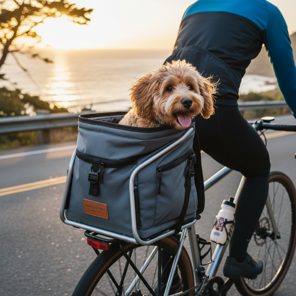 자전거 바구니 대신 뒷좌석에 고정된 특수 설계 반려동물 백팩과 함께 자전거 라이딩을 즐기는 풍경. 백팩의 흔들림 없는 고정 장치와 상단 오픈형 구조를 통해 바람을 맞는 강아지의 즐거운 표정이 생생하게 담긴 사진.